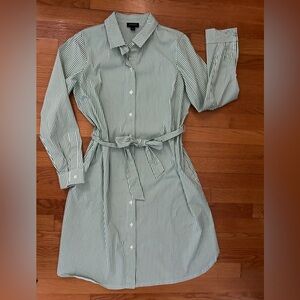 J. Jill Wearever Collection Green and White Striped Belted Shirt Dress Like NEW!